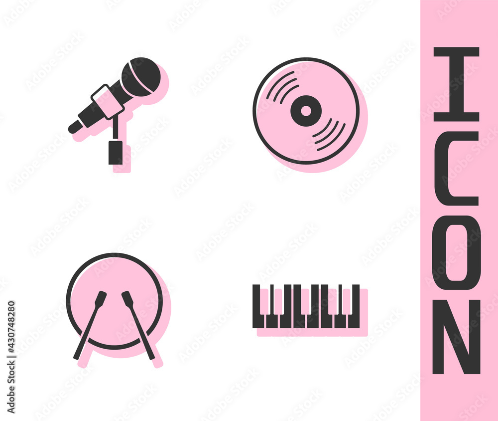 Set Music synthesizer, Microphone, Drum and drum sticks and Vinyl disk icon. Vector