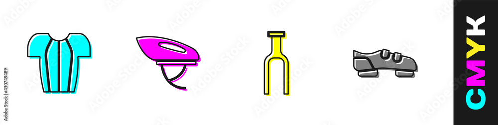 Set Cycling t-shirt, Bicycle helmet, fork and shoes icon. Vector