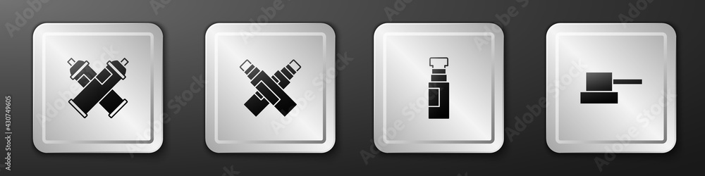 Set Paint spray can, Marker pen, and Spray nozzle cap icon. Silver square button. Vector