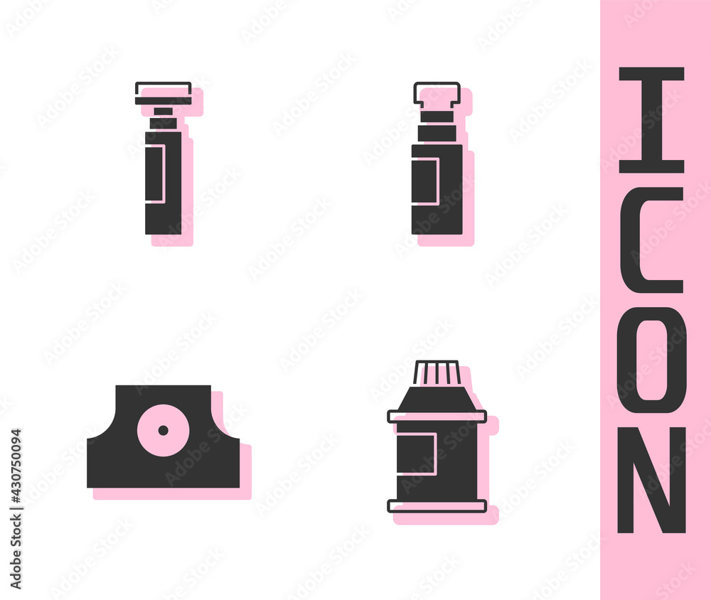 Set Paint, gouache, jar, dye, Marker pen, Spray can nozzle cap and icon. Vector