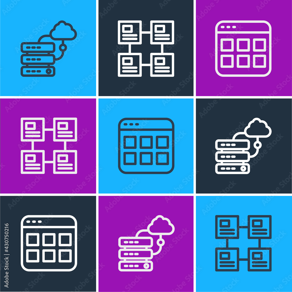 Set line Network cloud connection, Browser files and Hierarchy organogram chart icon. Vector