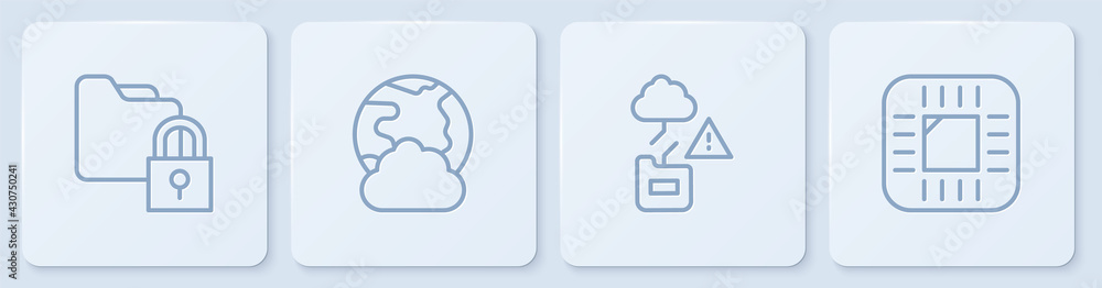 Set line Folder and lock, Cloud technology data transfer, Social network and Processor with CPU. Whi