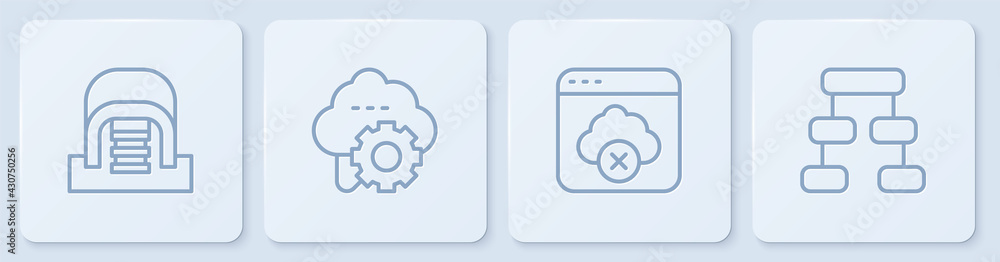 Set line Hangar with servers, Failed access cloud storage, Cloud technology data transfer and Hierar