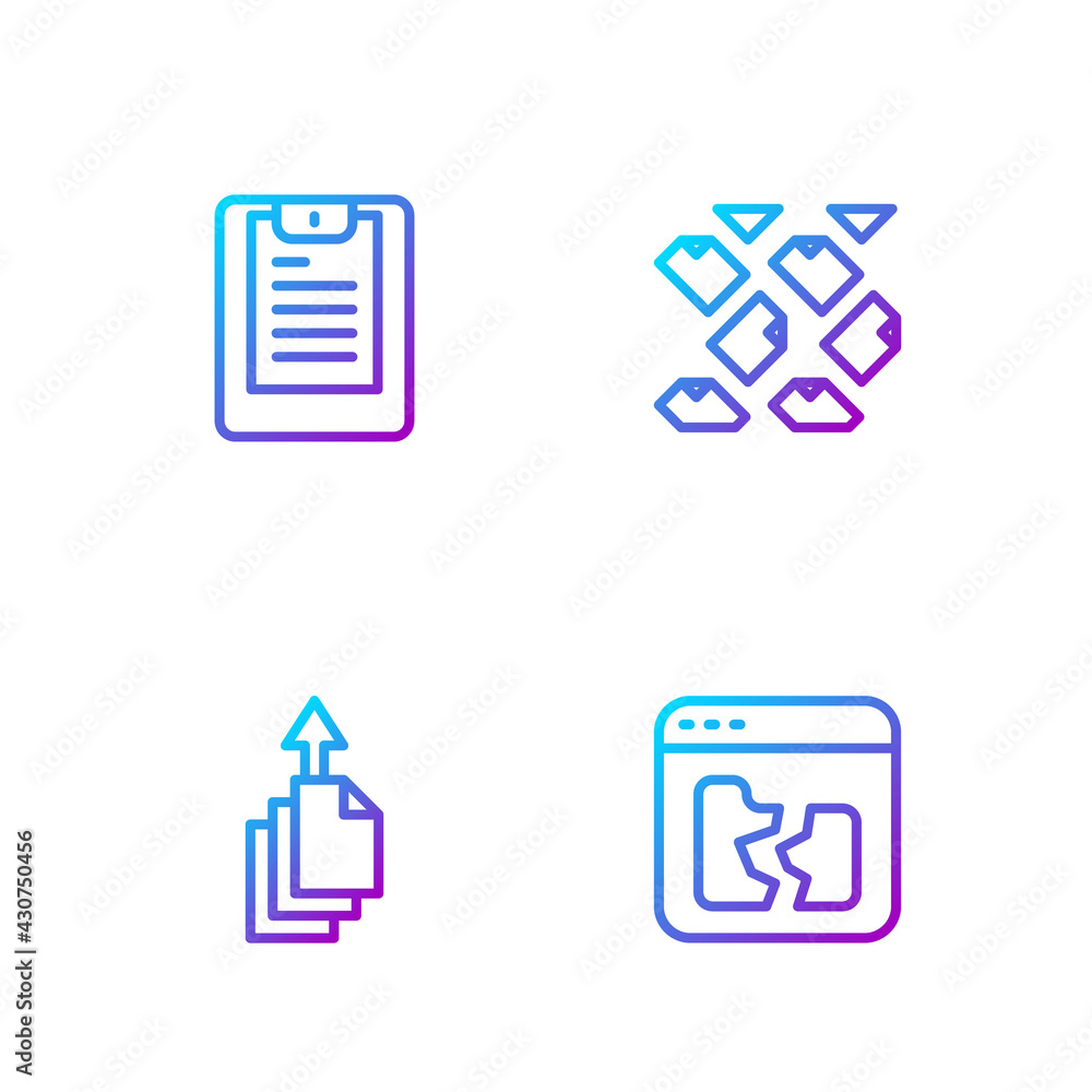 Set line Broken file, Data export, Server, report and stream. Gradient color icons. Vector