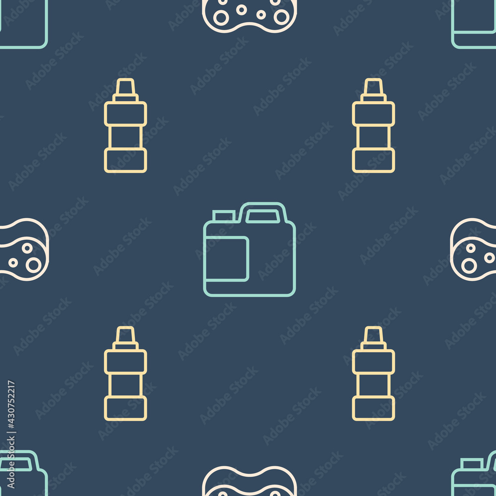 Set line Sponge, Bottle for cleaning agent and on seamless pattern. Vector