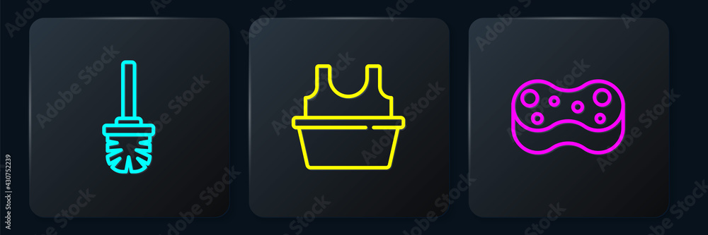 Set line Toilet brush, Sponge and Basin with shirt. Black square button. Vector