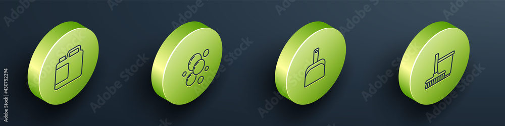 Set Isometric line Bottle for cleaning agent, Soap water bubbles, Dustpan and Mop and bucket icon. V