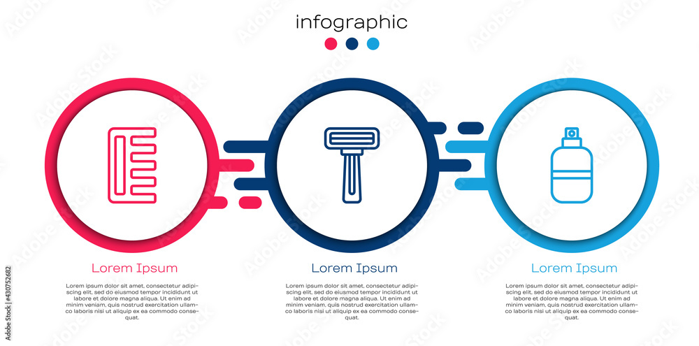 设置线毛刷、剃须刀和香水。商业信息图模板。矢量