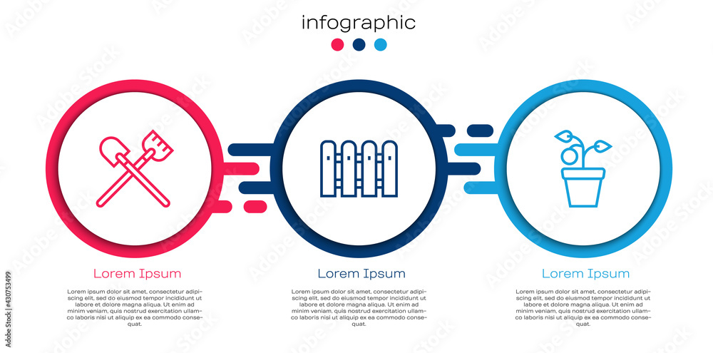 Set line铲子，Garden fence Wood and Plant in pot。商业信息图模板。Vector