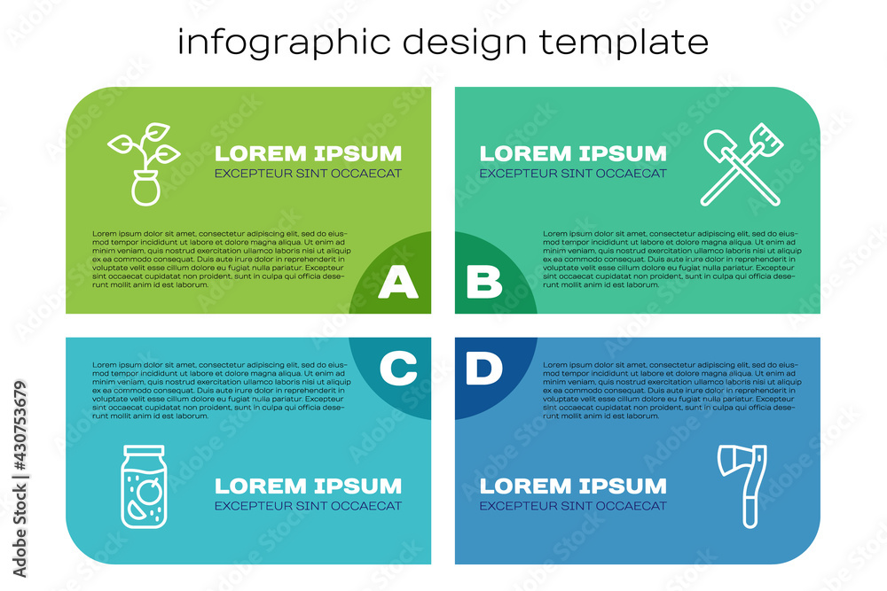 套装果酱罐、植物、木斧和铲子。商业信息图模板。矢量