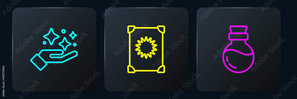 Set line Sparkle stars with magic trick, Bottle potion and Ancient book. Black square button. Vector