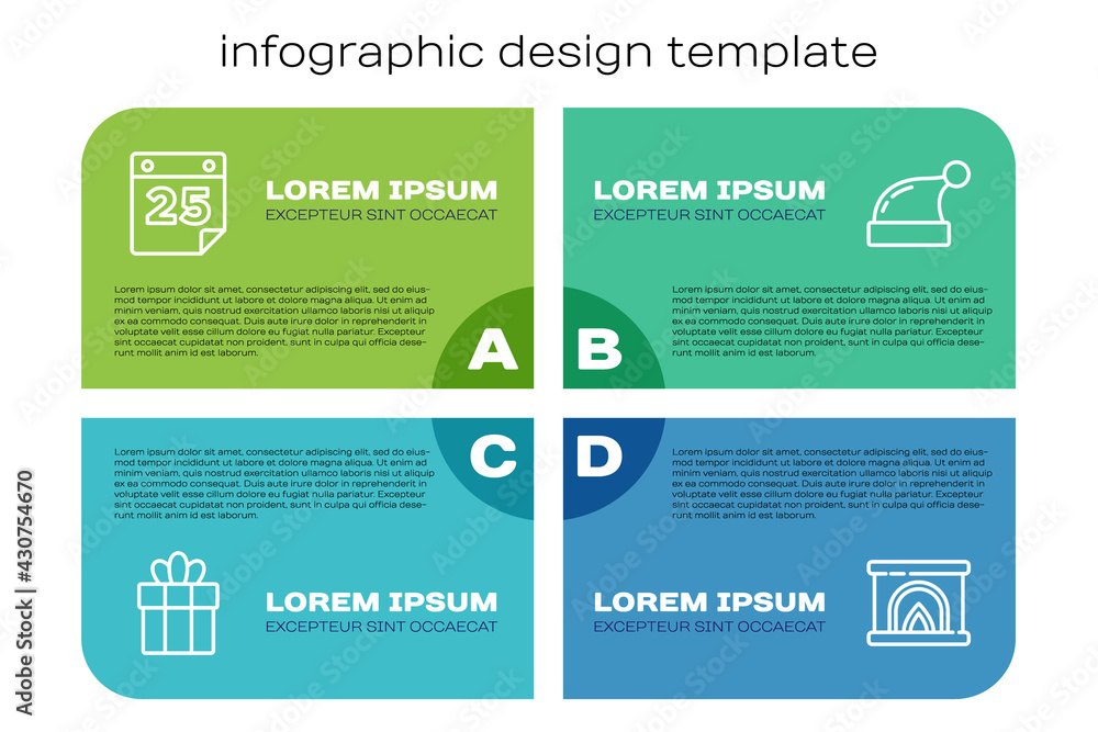 Set line Gift box, Calendar, Interior fireplace and Christmas Santa Claus hat. Business infographic 