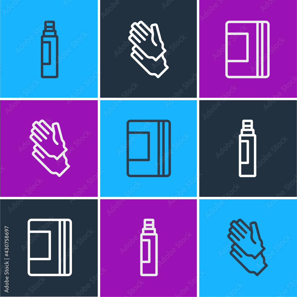 Set line Marker pen, Spiral notebook and Rubber gloves icon. Vector