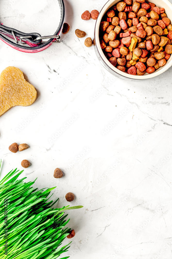 dry dog food in bowl on stone background top view