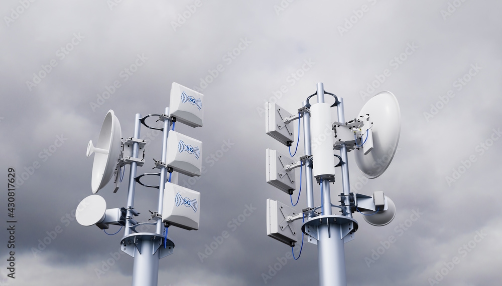 Telecommunication tower with 5G cellular network antenna against stormy sky with clouds