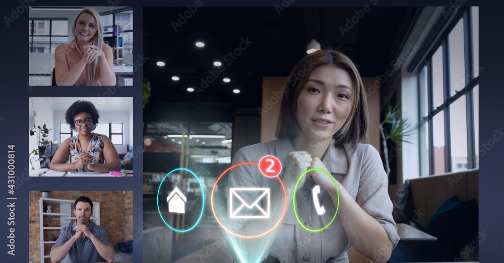 与同事视频通话屏幕上女商人的数字通话图标组合
