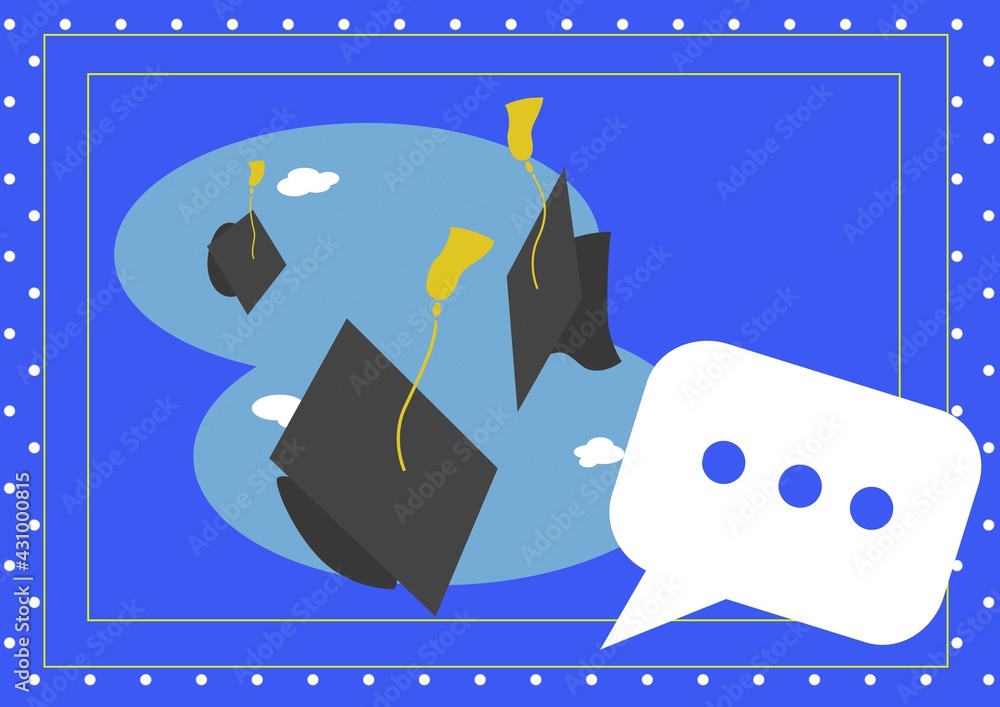 Illustration of graduation hats falling and speech bubble with frame and dots on blue background