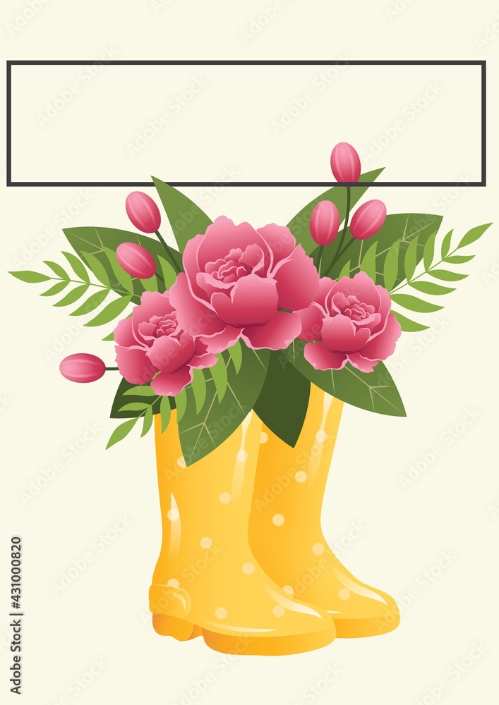 Illustration of pink flowers in yellow wellington boots, frame with copy space on cream background