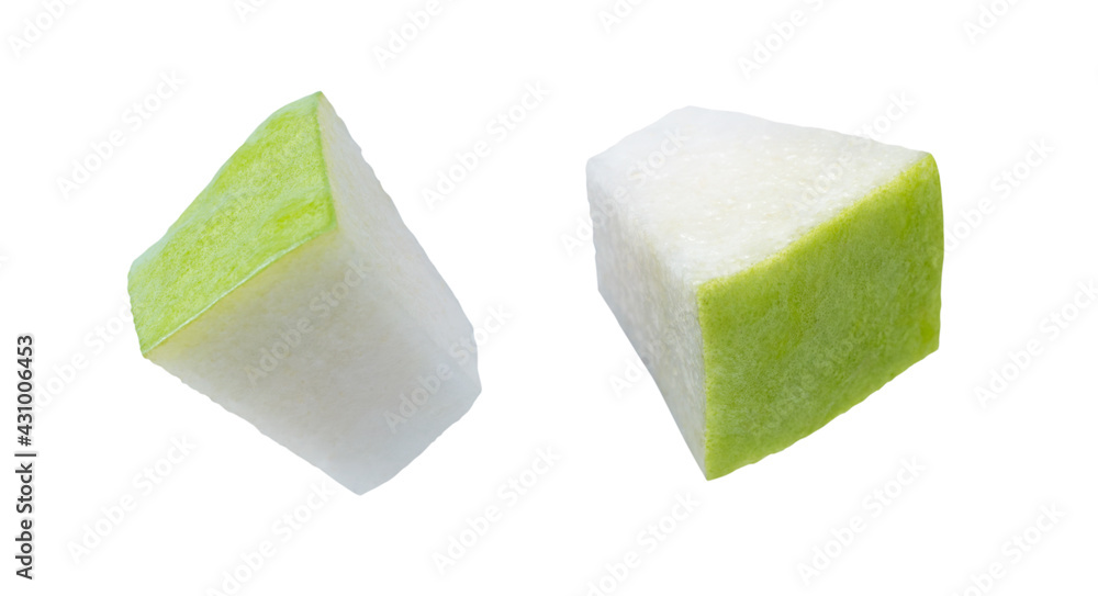 Guava fruit cut into bite-sized pieces on a white background