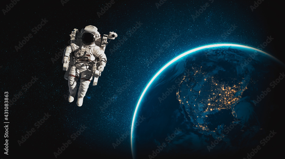 Astronaut spaceman do spacewalk while working for space station in outer space . Astronaut wear full