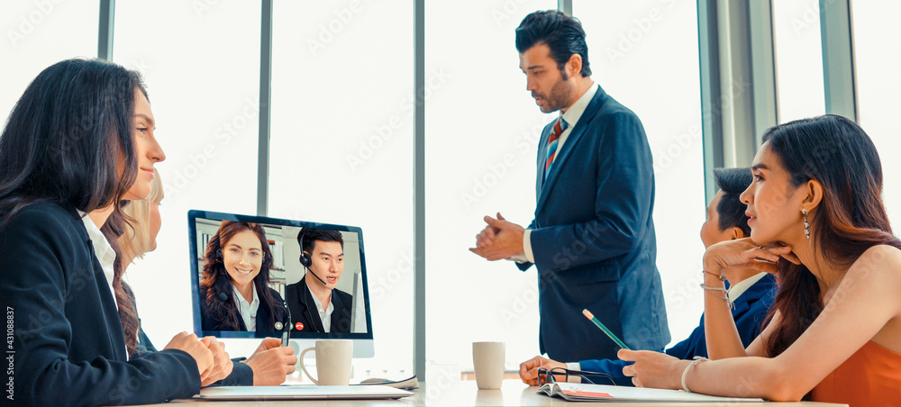 Video call group business people meeting on virtual workplace or remote office. Telework conference 