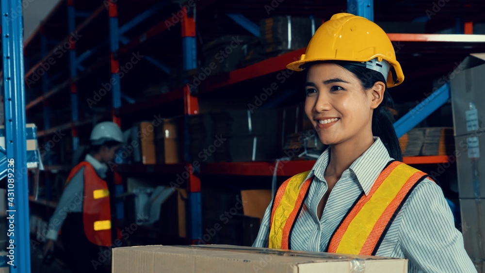 Female warehouse worker working at the storehouse . Logistics , supply chain and warehouse business 