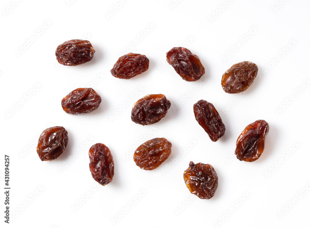 Raisins placed on a white background.