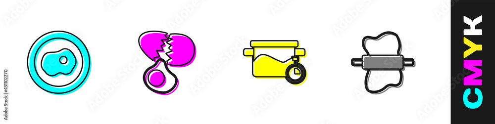 Set Scrambled eggs, Broken, Cooking pot and Rolling pin on dough icon. Vector