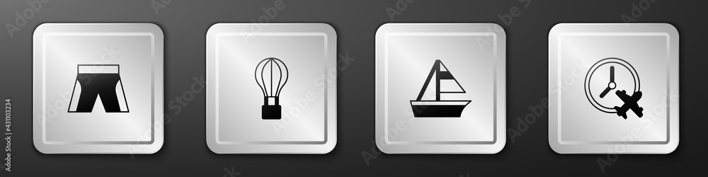 Set Short or pants, Hot air balloon, Yacht sailboat and Clock with airplane icon. Silver square butt