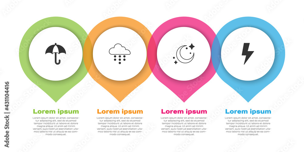 Set Umbrella, Cloud with rain, Moon and stars and Lightning bolt. Business infographic template. Vec