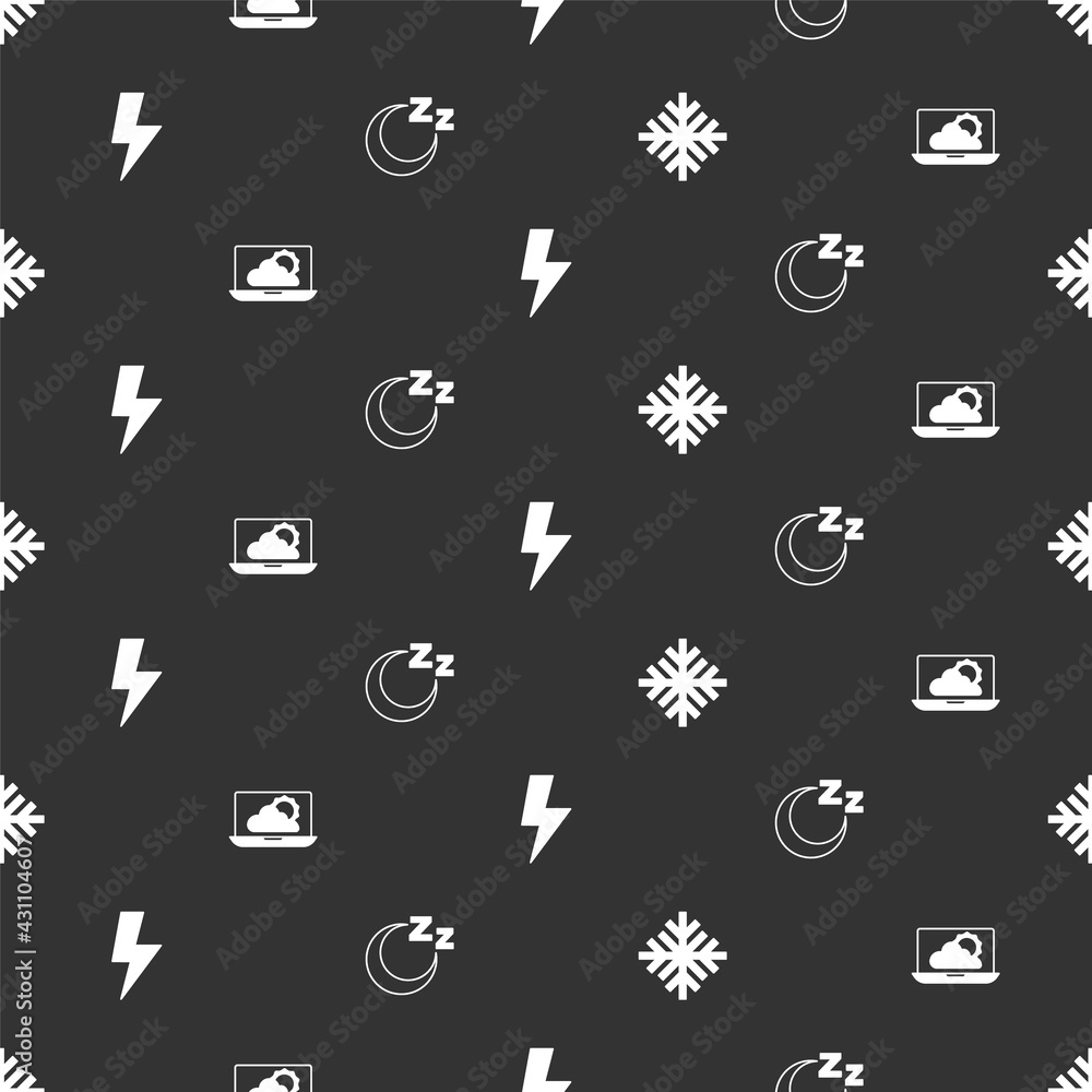 Set Snowflake, Weather forecast, Lightning bolt and Time to sleep on seamless pattern. Vector