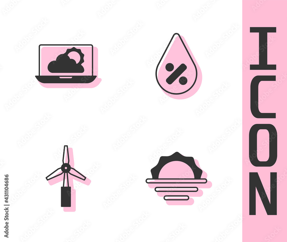 Set Sunrise, Weather forecast, Wind turbine and Water drop percentage icon. Vector