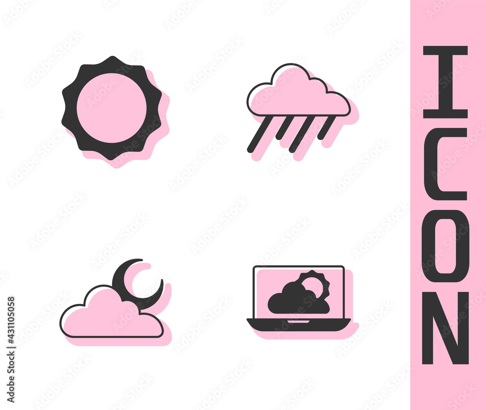 Set Weather forecast, Sun, Cloud with moon and rain icon. Vector