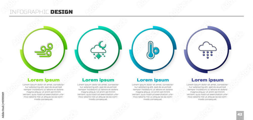设置大风天气、有雪和阳光的云层、气象温度计和降雨。商业信息图t