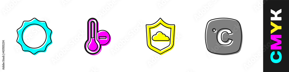 Set Sun, Meteorology thermometer, Weather forecast and Celsius icon. Vector