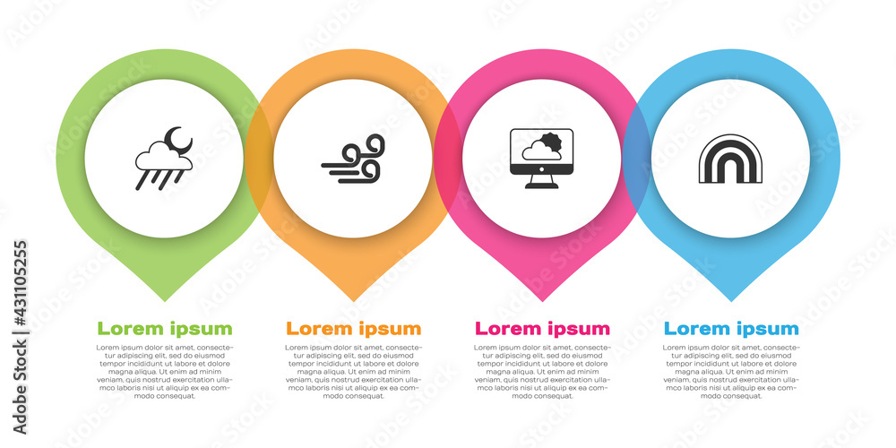 Set Cloud with rain and moon, Windy weather, Weather forecast and Rainbow. Business infographic temp