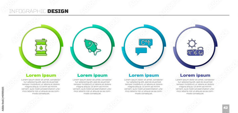 设置桶油、死鱼、全球变暖和干旱。商业信息图模板。矢量