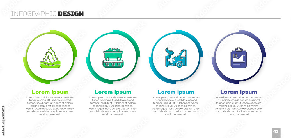 设置冰山，煤炭火车车厢，汽车尾气和全球变暖。商业信息图模板。矢量