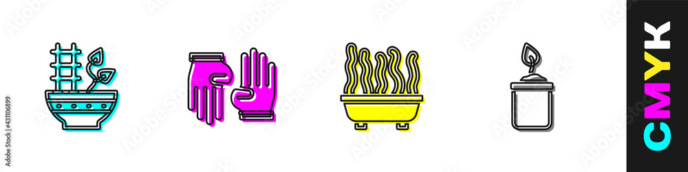 Set Plant in pot, Rubber gloves, and Sprout bottle icon. Vector