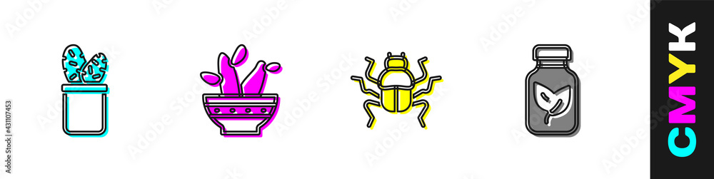 Set Cactus peyote in pot, , Beetle bug and Fertilizer bottle icon. Vector