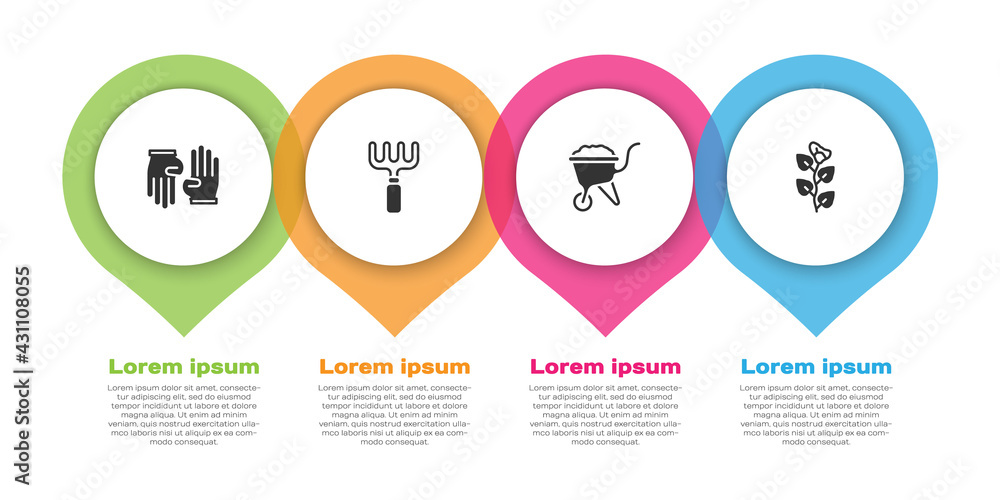 设置橡胶手套、花园耙子、带泥土的手推车和常春藤树枝。商业信息图模板。