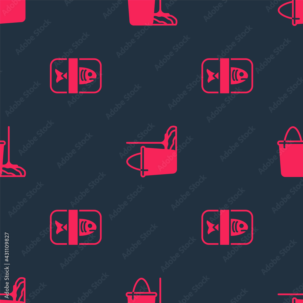 Set Fish plastic tray container and Mop and bucket on seamless pattern. Vector