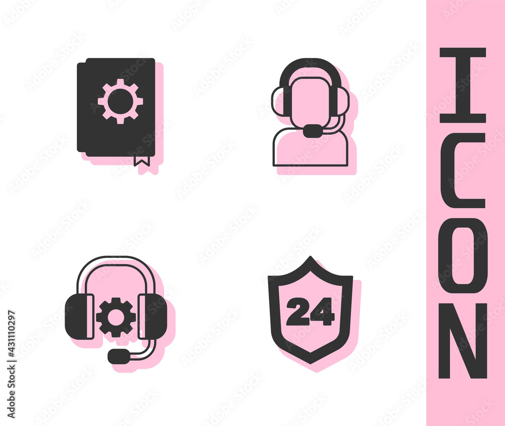 Set Telephone 24 hours support, User manual, Headphones and Man with headset icon. Vector