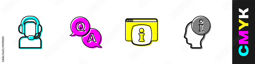 Set Man with a headset, Question and Answer, Monitor FAQ information and Information icon. Vector