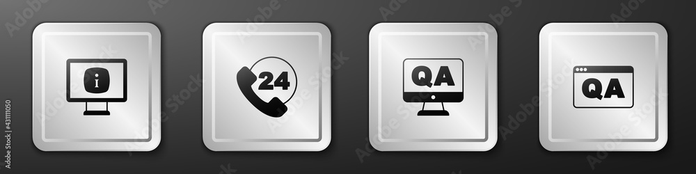 Set Monitor with information, Telephone 24 hours support, Question and Answer and icon. Silver squar