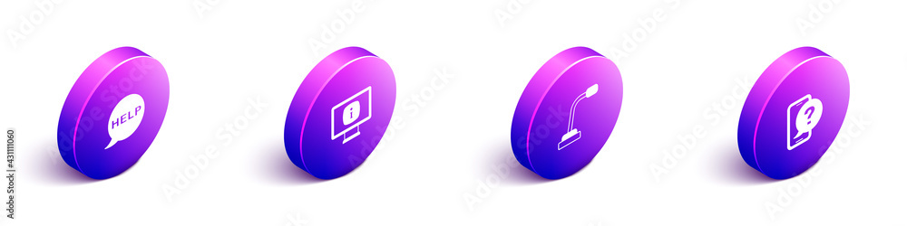 Set Isometric Speech bubble with text Help, Monitor information, Microphone and Telephone 24 hours s