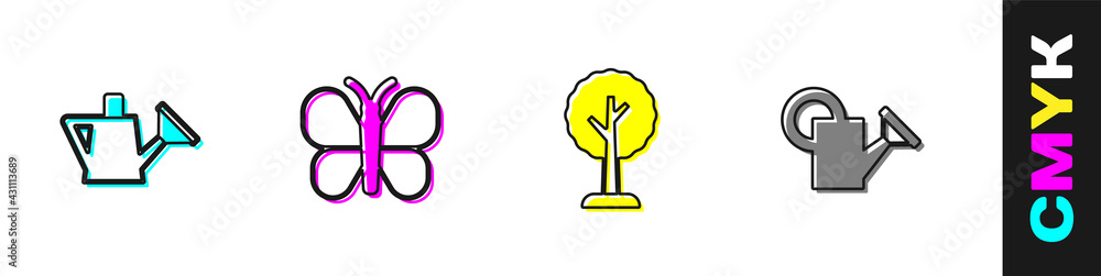 Set Watering can, Butterfly, Forest and icon. Vector