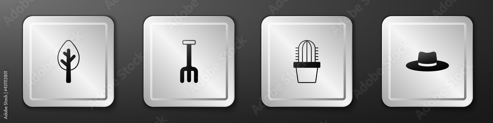 Set Forest, Garden rake, Cactus peyote in pot and Gardener worker hat icon. Silver square button. Ve