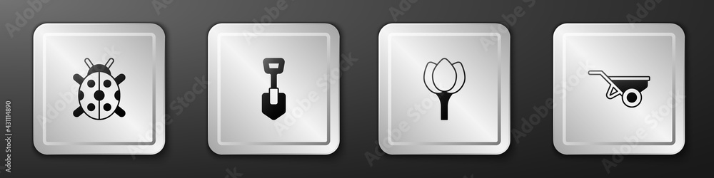 Set Ladybug, Shovel, Flower tulip and Wheelbarrow with dirt icon. Silver square button. Vector