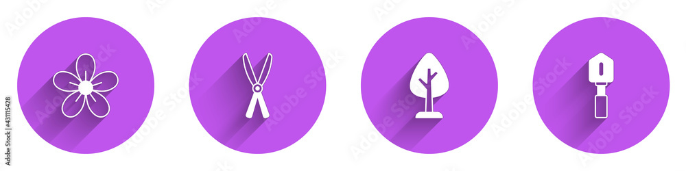 Set Flower, Gardening handmade scissors, Forest and Shovel icon with long shadow. Vector